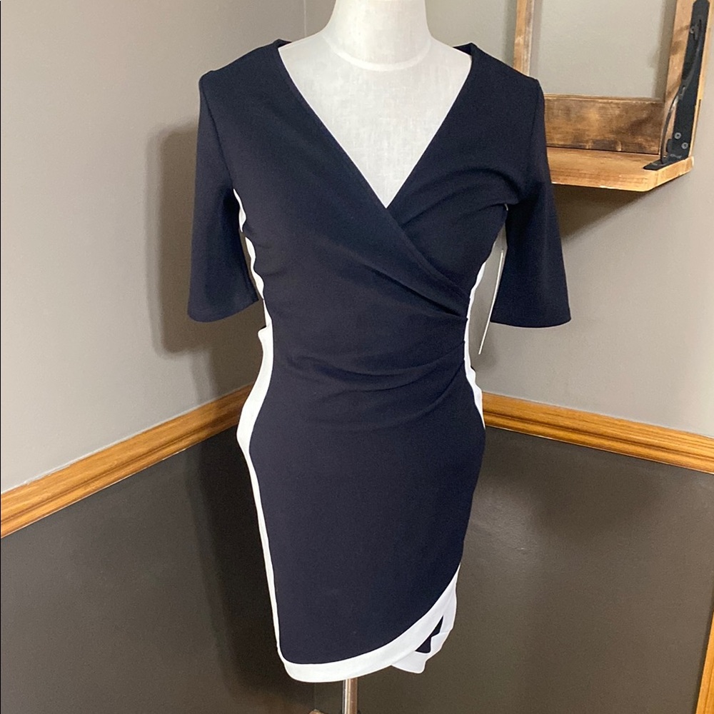 Almost famous black & white V neck wrap dress size medium